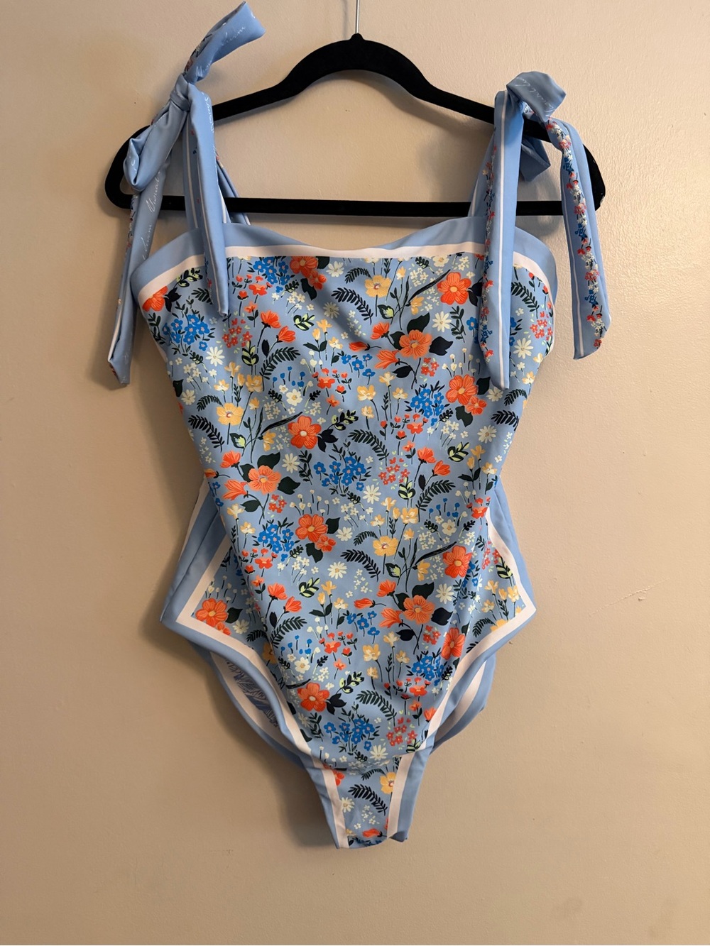 Reversible Light Blue Floral One-Piece Swimsuit with Tie Straps